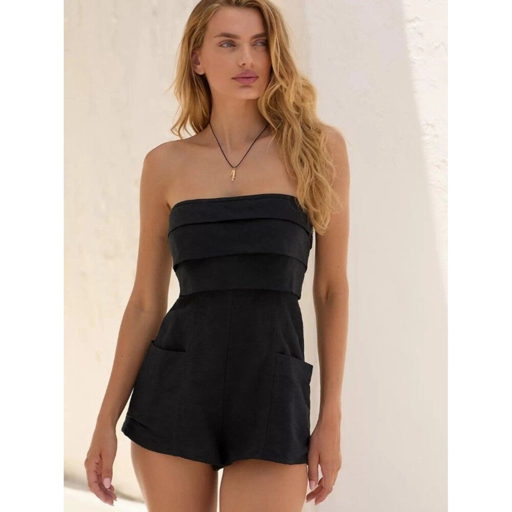 By Anthropologie Strapless Linen Romper Dress Smocked Black Sleeveless M 290016